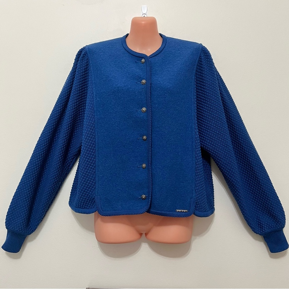 Geiger Collections Royal Blue Mixed Pattern Wool Sweater Cardigan Vintage Chic